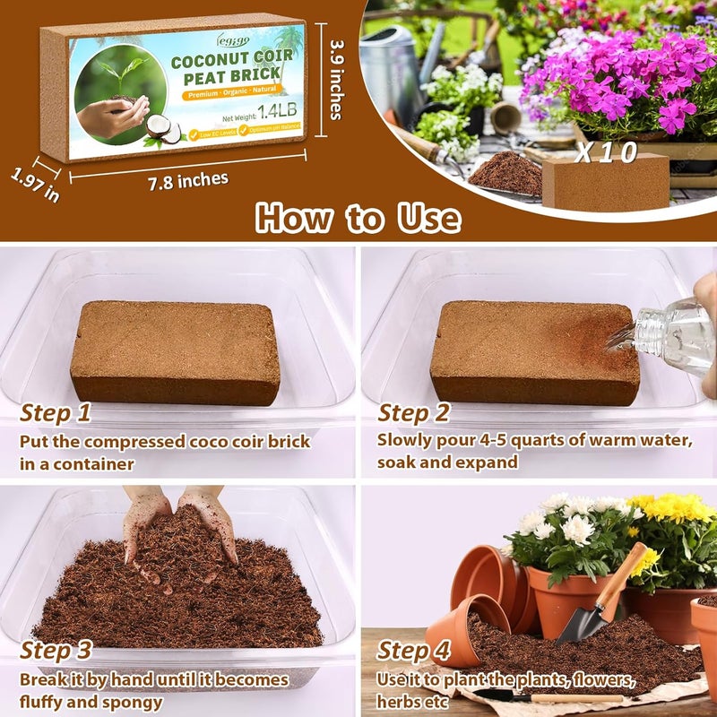 Legigo Pack of 10 Organic Coco Coir Bricks- 100% Natural Compressed Coco Peat Brick Coconut Fiber Substrate with Low EC&pH Balance, Plant Soil Enhance Root Growth for Herbs, Flowers, House Plants - Image 4